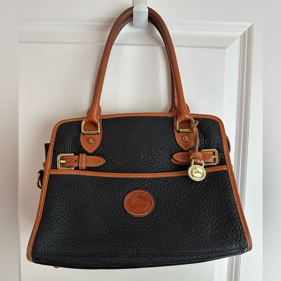 Dooney & Bourke Handbags - Dooney & Bourke Vintage Black Pebble Leather Satchel with Tan Trim EUC